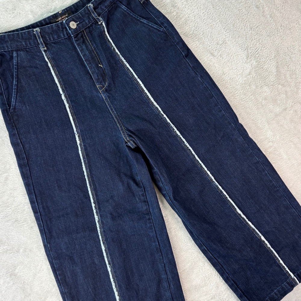 Vero Moda Denim Wide Leg Crop Jeans Dark Wash High Rise Contrast Stitch‎ Sz L